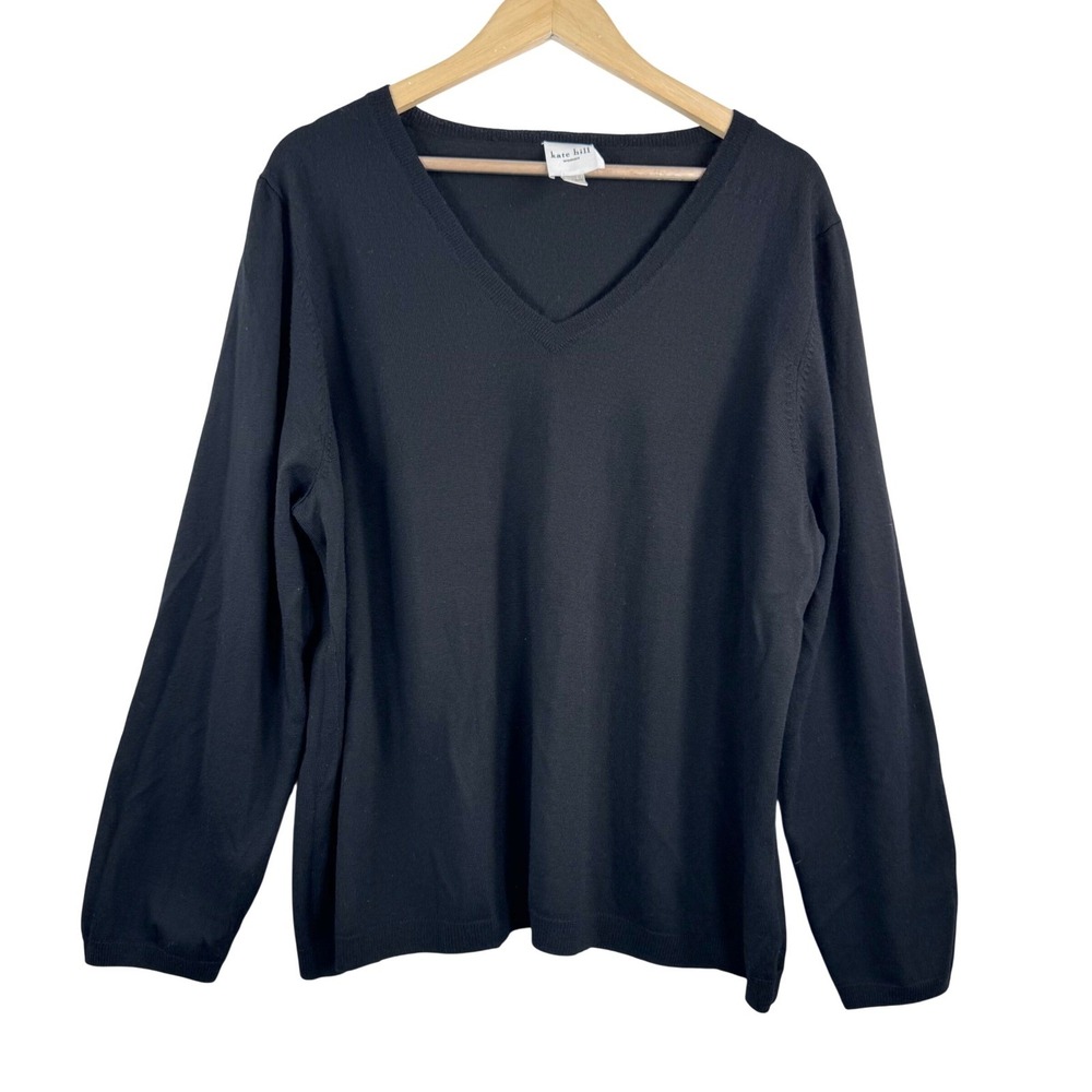 Kate Hill Black 100% Merino Wool V-Neck Sweater sz 3X preppy money